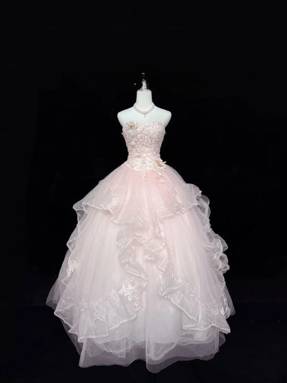 Sweet Ball Gown Sweetheart Light Pink Tulle With Lace Quince Dress Voluminous Sweet 16 Sweet Sixteen Outfits Vestido de 15 RB7436