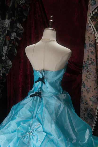 Elegant Ball Gown Strapless Blue Organza With Ruffled Long Quince Dress Quinceanera Dresses Formal Birthday Outfits RB8087