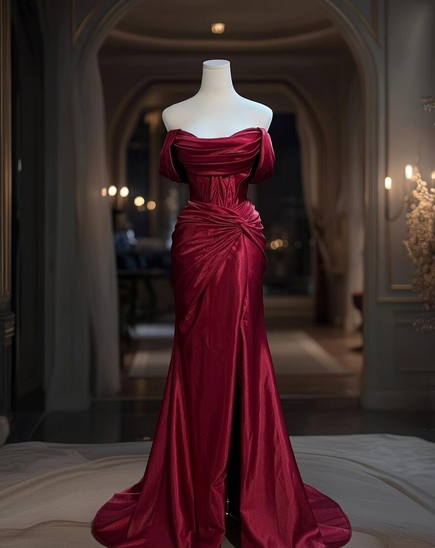 Prom Dress Mermaid Off The Shoulder Burgundy Satin Ruffled Slit Floor Length High School Graduation Party Dresses RC1094