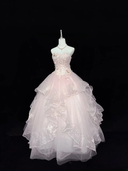 Sweet Ball Gown Sweetheart Light Pink Tulle With Lace Quince Dress Voluminous Sweet 16 Sweet Sixteen Outfits Vestido de 15 RB7436
