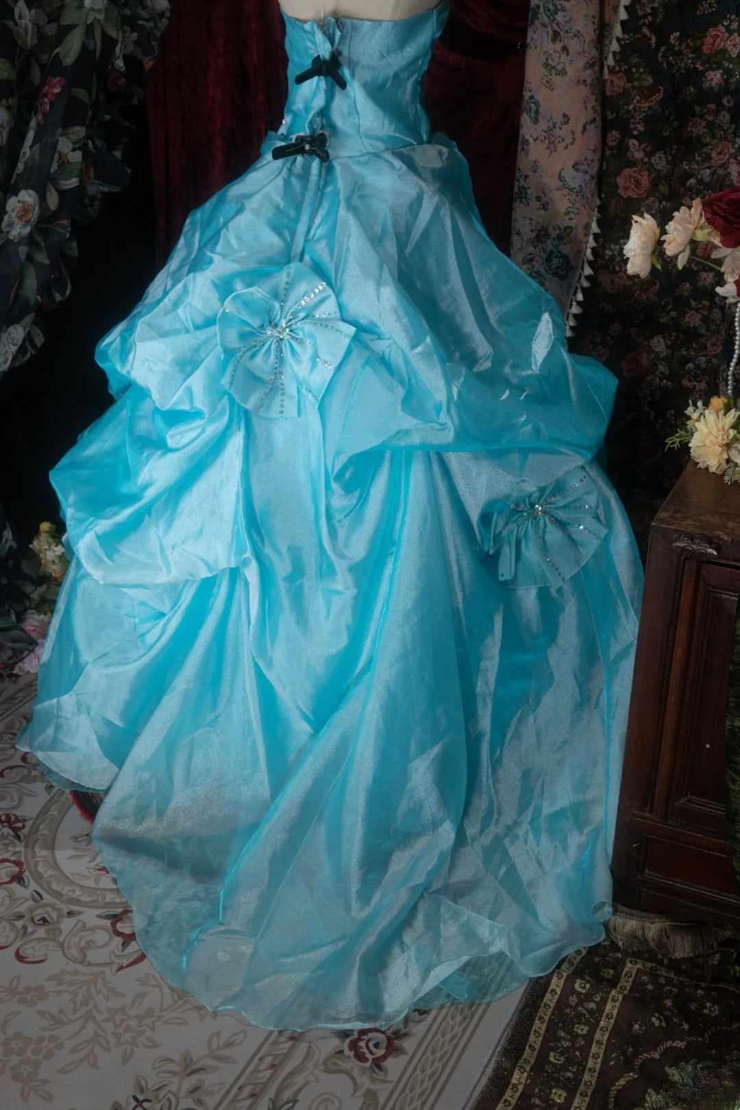 Elegant Ball Gown Strapless Blue Organza With Ruffled Long Quince Dress Quinceanera Dresses Formal Birthday Outfits RB8087