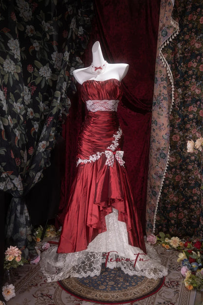 Elegant Mermaid Sweetheart Burgundy Taffeta With Lace Long Prom Dresses Formal Outfit Evening Night Dress RB8088