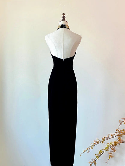 Mermaid Halter Black Prom Dress With Gold Lace Floor Length Formal Party Gown RB9047