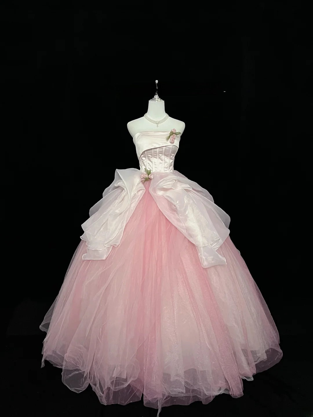 Pretty Ball Gown Strapless Pink Tulle With Flowers Quince Dress Voluminous Sweet 16 Sweet Sixteen Outfits Vestido de 15 RB7437