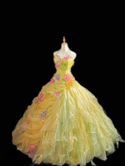 Cute Ball Gown Halter Sleeveless Yellow Tulle With Ruffles Flowers Long Quinceanera Dress vestido de 15 de cenicienta RB3464