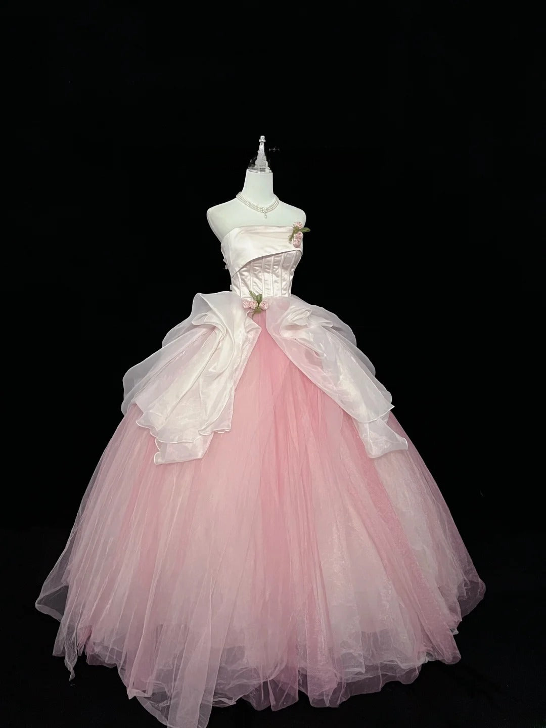 Pretty Ball Gown Strapless Pink Tulle With Flowers Quince Dress Voluminous Sweet 16 Sweet Sixteen Outfits Vestido de 15 RB7437