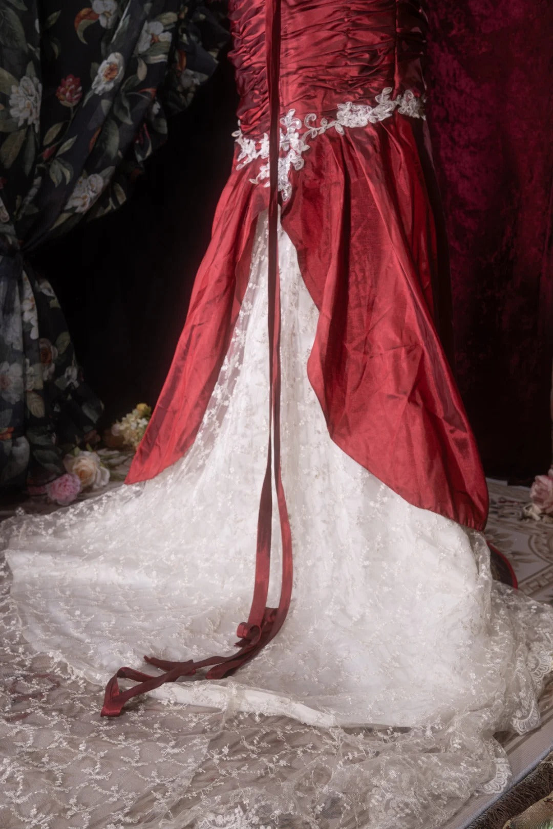 Elegant Mermaid Sweetheart Burgundy Taffeta With Lace Long Prom Dresses Formal Outfit Evening Night Dress RB8088