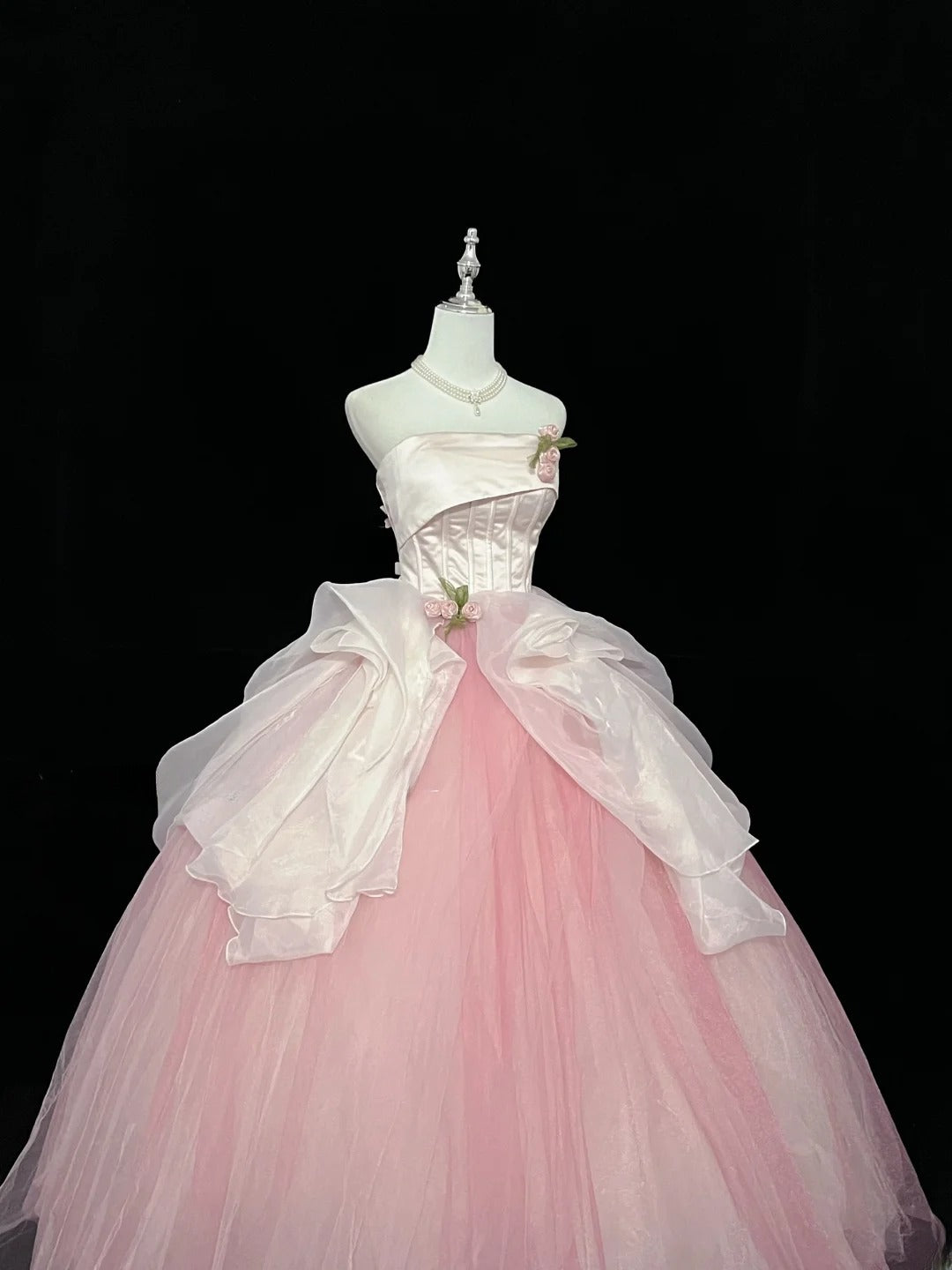 Pretty Ball Gown Strapless Pink Tulle With Flowers Quince Dress Voluminous Sweet 16 Sweet Sixteen Outfits Vestido de 15 RB7437