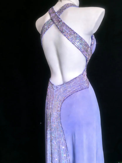 Retro 1950s Mermaid Halter Lilac With Beaded Bodice For Women Long Prom Dress Birthday Gowns AS066