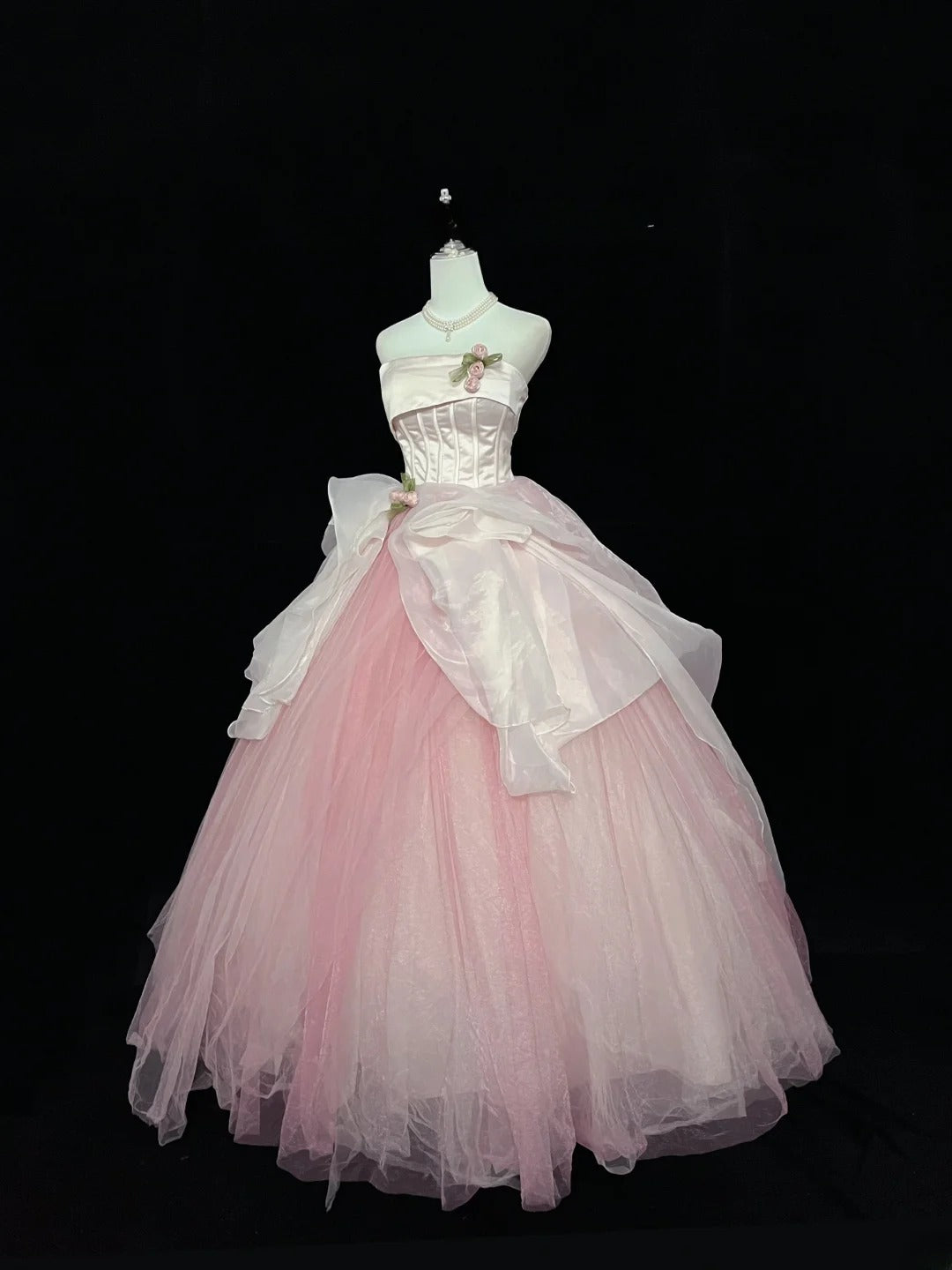 Pretty Ball Gown Strapless Pink Tulle With Flowers Quince Dress Voluminous Sweet 16 Sweet Sixteen Outfits Vestido de 15 RB7437