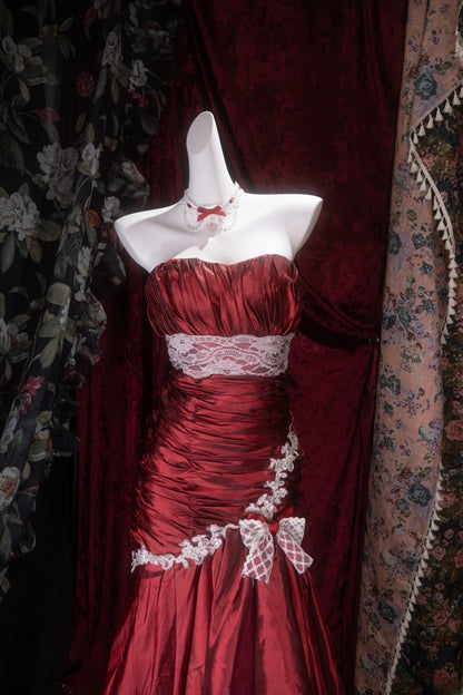 Elegant Mermaid Sweetheart Burgundy Taffeta With Lace Long Prom Dresses Formal Outfit Evening Night Dress RB8088