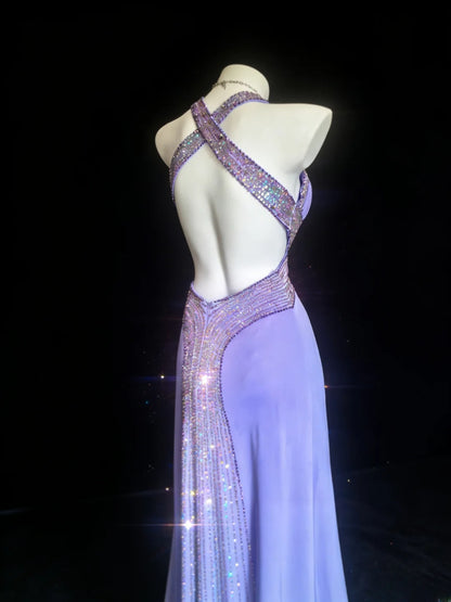 Retro 1950s Mermaid Halter Lilac With Beaded Bodice For Women Long Prom Dress Birthday Gowns AS066