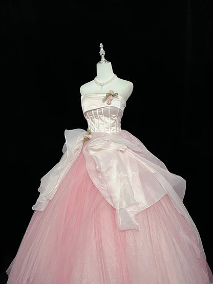 Pretty Ball Gown Strapless Pink Tulle With Flowers Quince Dress Voluminous Sweet 16 Sweet Sixteen Outfits Vestido de 15 RB7437