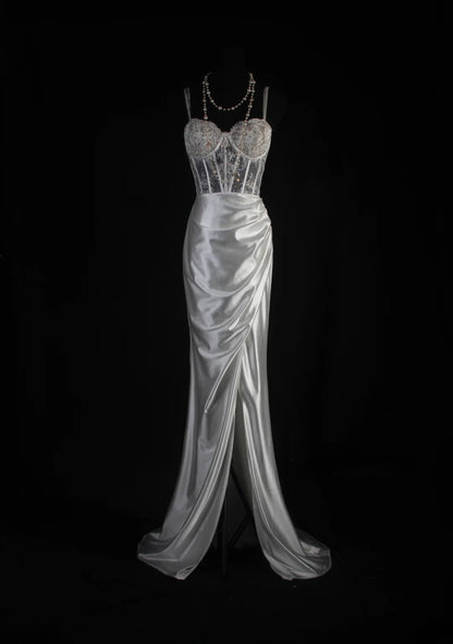 Vintage Mermaid Spaghetti Strap Silver Gray Silk Satin 2000s Prom Dress Inspo With Slit Lace Formal Party Gowns Formal Dresses AS067