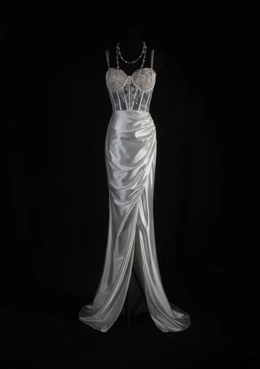 Vintage Mermaid Spaghetti Strap Silver Gray Silk Satin 2000s Prom Dress Inspo With Slit Lace Formal Party Gowns Formal Dresses AS067