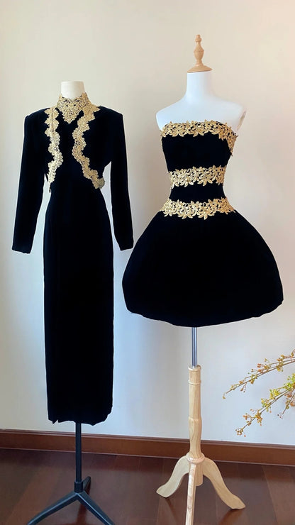 Mermaid Halter Black Prom Dress With Gold Lace Floor Length Formal Party Gown RB9047