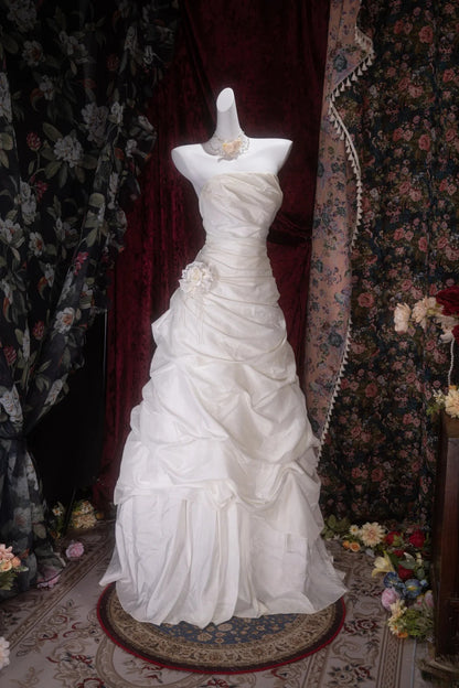 Elegant Ball Gown Strapless White Organza With Ruffled Long Prom Dresses Formal Outfit Evening Night Dress RB8089