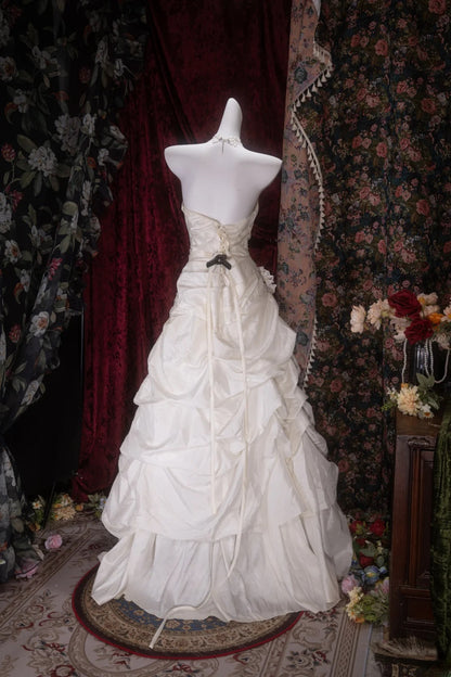 Elegant Ball Gown Strapless White Organza With Ruffled Long Prom Dresses Formal Outfit Evening Night Dress RB8089