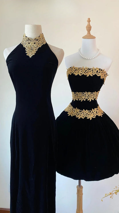 Mermaid Halter Black Prom Dress With Gold Lace Floor Length Formal Party Gown RB9047