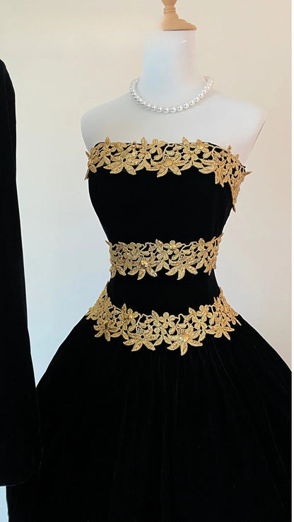 Mermaid Halter Black Prom Dress With Gold Lace Floor Length Formal Party Gown RB9047