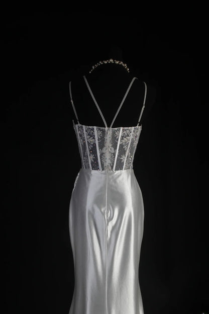 Vintage Mermaid Spaghetti Strap Silver Gray Silk Satin 2000s Prom Dress Inspo With Slit Lace Formal Party Gowns Formal Dresses AS067
