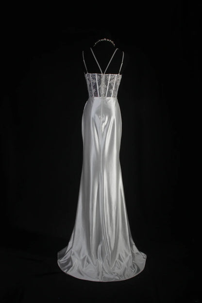 Vintage Mermaid Spaghetti Strap Silver Gray Silk Satin 2000s Prom Dress Inspo With Slit Lace Formal Party Gowns Formal Dresses AS067