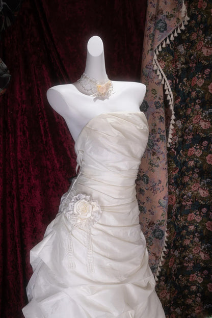Elegant Ball Gown Strapless White Organza With Ruffled Long Prom Dresses Formal Outfit Evening Night Dress RB8089