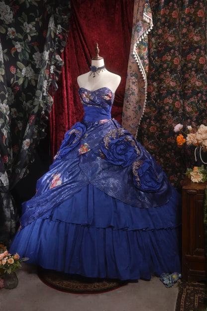 Elegant Ball Gown Sweetheart Royal Blue With Ruffled Flowers Long Quince Dress Quinceanera Dresses Formal Birthday Outfits RB8090
