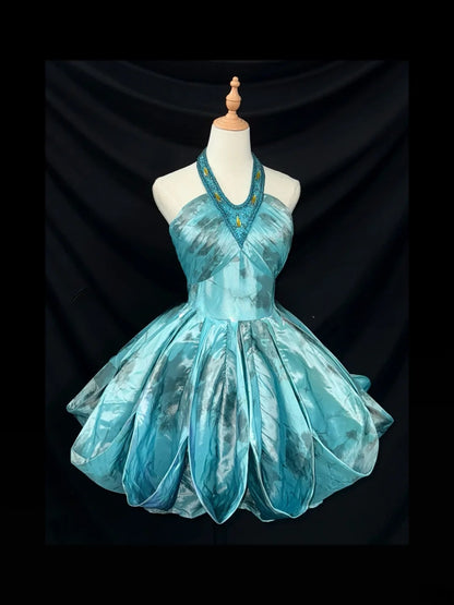 Elegant Ball Gown Halter Blue Satin Party Dress Short Mini 18th Birthday Dresses Hoco Outfits RB3466