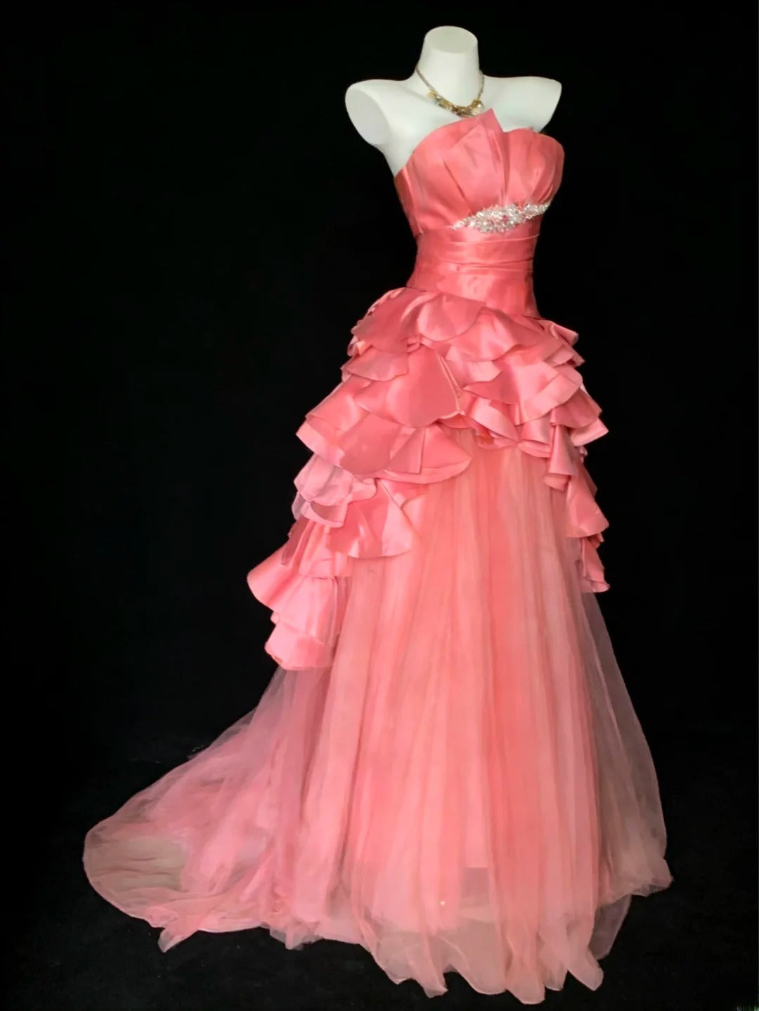 Classy Ball Gown Strapless Coral Pink Tulle Sleeveless For Women Long Prom Dresses Senior Sweet 16 Birthday Outfits AS068