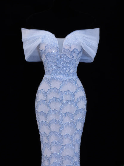 Modest Prom Dress Aesthetic Mermaid Off The Shoulder Blue Tulle Style Impress With Sleeves Long Party Formal Gown SA068