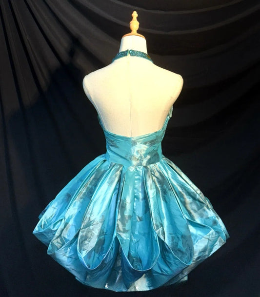 Elegant Ball Gown Halter Blue Satin Party Dress Short Mini 18th Birthday Dresses Hoco Outfits RB3466