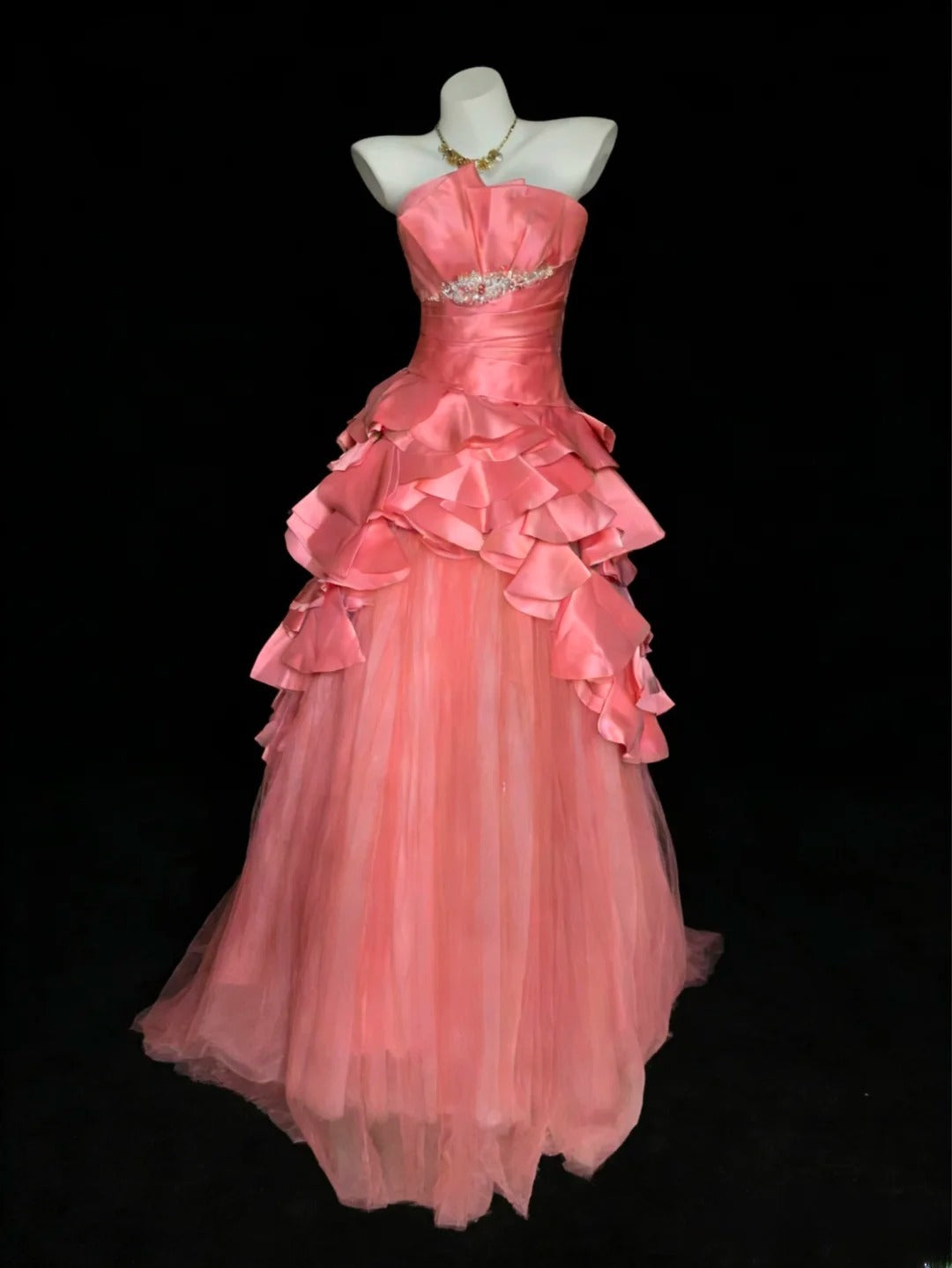 Classy Ball Gown Strapless Coral Pink Tulle Sleeveless For Women Long Prom Dresses Senior Sweet 16 Birthday Outfits AS068