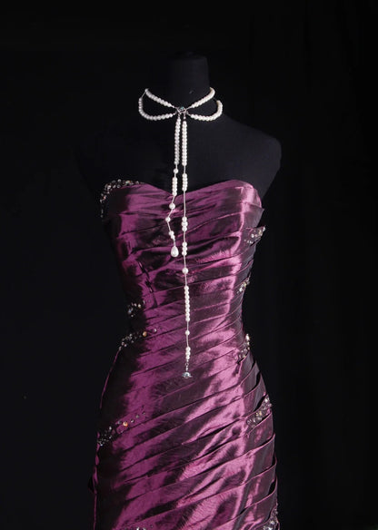 Women's Cocktail Party Gowns 90s Mermaid Purple Sweetheart Taffeta With Beads Long Graduation Dinner Outfits Prom Dresses AS068