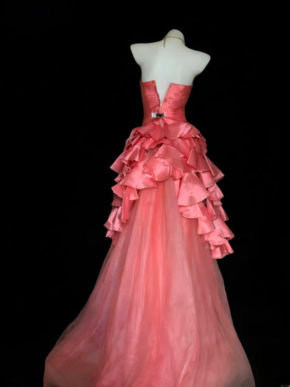 Classy Ball Gown Strapless Coral Pink Tulle Sleeveless For Women Long Prom Dresses Senior Sweet 16 Birthday Outfits AS068