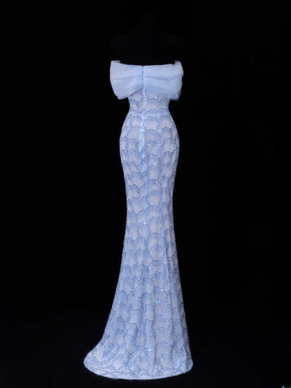 Modest Prom Dress Aesthetic Mermaid Off The Shoulder Blue Tulle Style Impress With Sleeves Long Party Formal Gown SA068