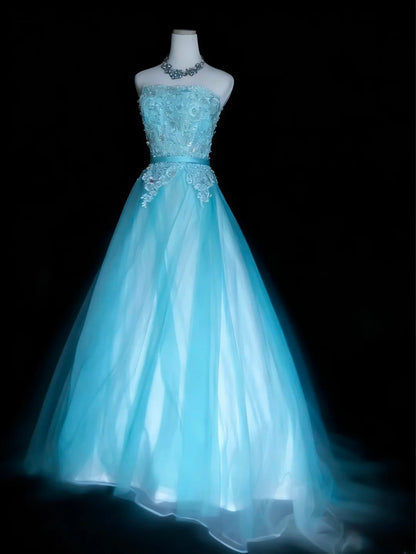 Classy Ball Gown Strapless Blue Tulle Sleeveless For Women Long Prom Dresses Senior High School Birthday Outfits AS069