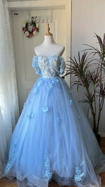 Dream Sweet 16 Dresses Long Off The Shoulder Blue With Lace Appliques Ball Gown Sweet Sixteen Party Birthday Gown RC0440
