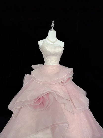 Stunning Ball Gown Strapless Pink Tulle With Tiered Layers Quince Dress Voluminous Sweet 16 Sweet Sixteen Outfits Vestido de 15 RB7440