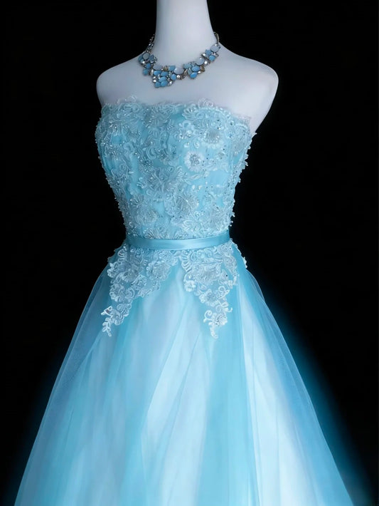 Classy Ball Gown Strapless Blue Tulle Sleeveless For Women Long Prom Dresses Senior High School Birthday Outfits AS069