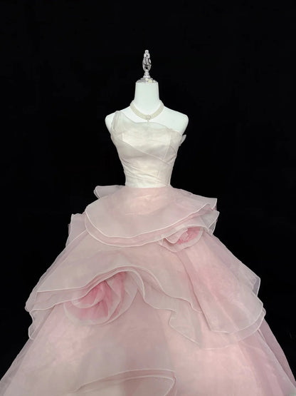 Stunning Ball Gown Strapless Pink Tulle With Tiered Layers Quince Dress Voluminous Sweet 16 Sweet Sixteen Outfits Vestido de 15 RB7440