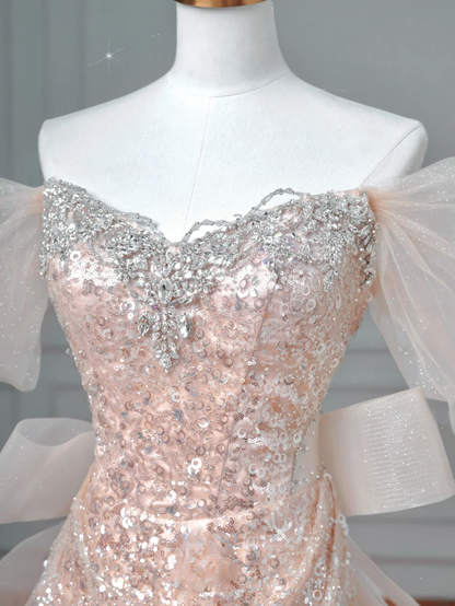 Sparkly Mermaid Sweetheart Sequins Blush Pink With Sleeves Long Formal Prom Dresses Night Outfits Party Gowns AQ066