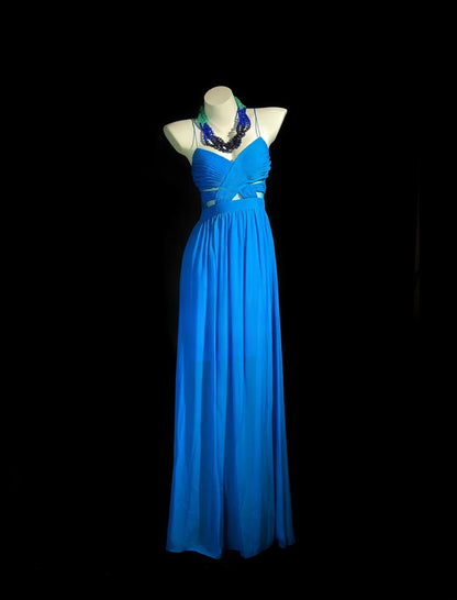 Vintage 80s Prom Dresses A line Spaghetti Strap Royal Blue Chiffon With Ruffled Long Evening Dress Formal Outfits RB5876