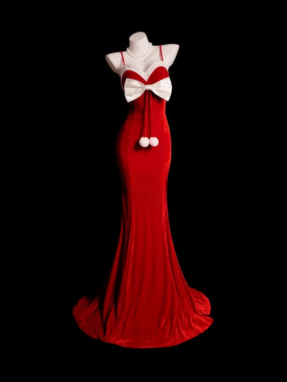 Red Prom Dress Inspo Mermaid Spaghetti Straps With Bow-knot Modest Long Formal Party Gown RB9872