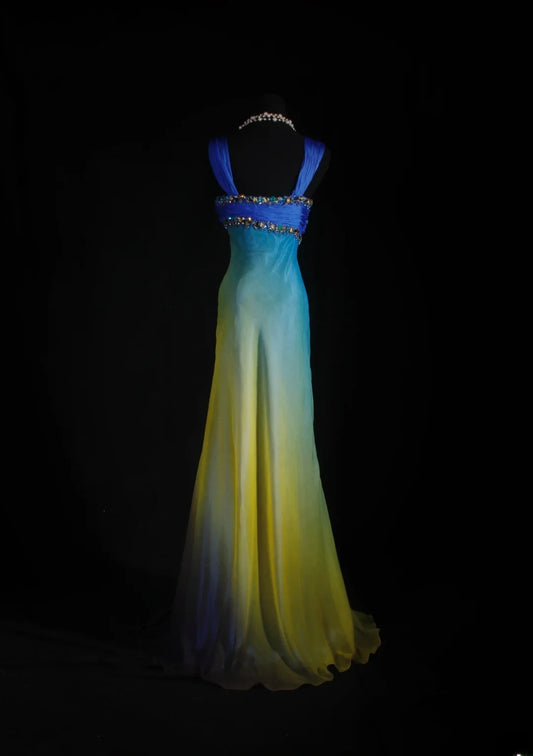 Vintage A Line Halter Blue Yellow Chiffon Multi Colors Party Dress With Beads 1950s Retro Classy Birthday Dinner Long Prom Dresses AS070