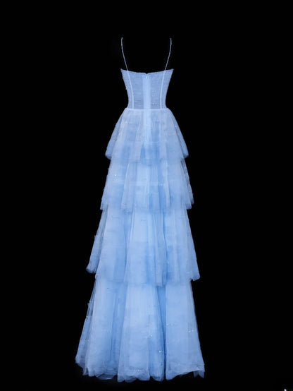 Simple Formal A Line Spaghetti Strap Blue Tulle Style Impress Long Prom Dresses Party Gowns SA070