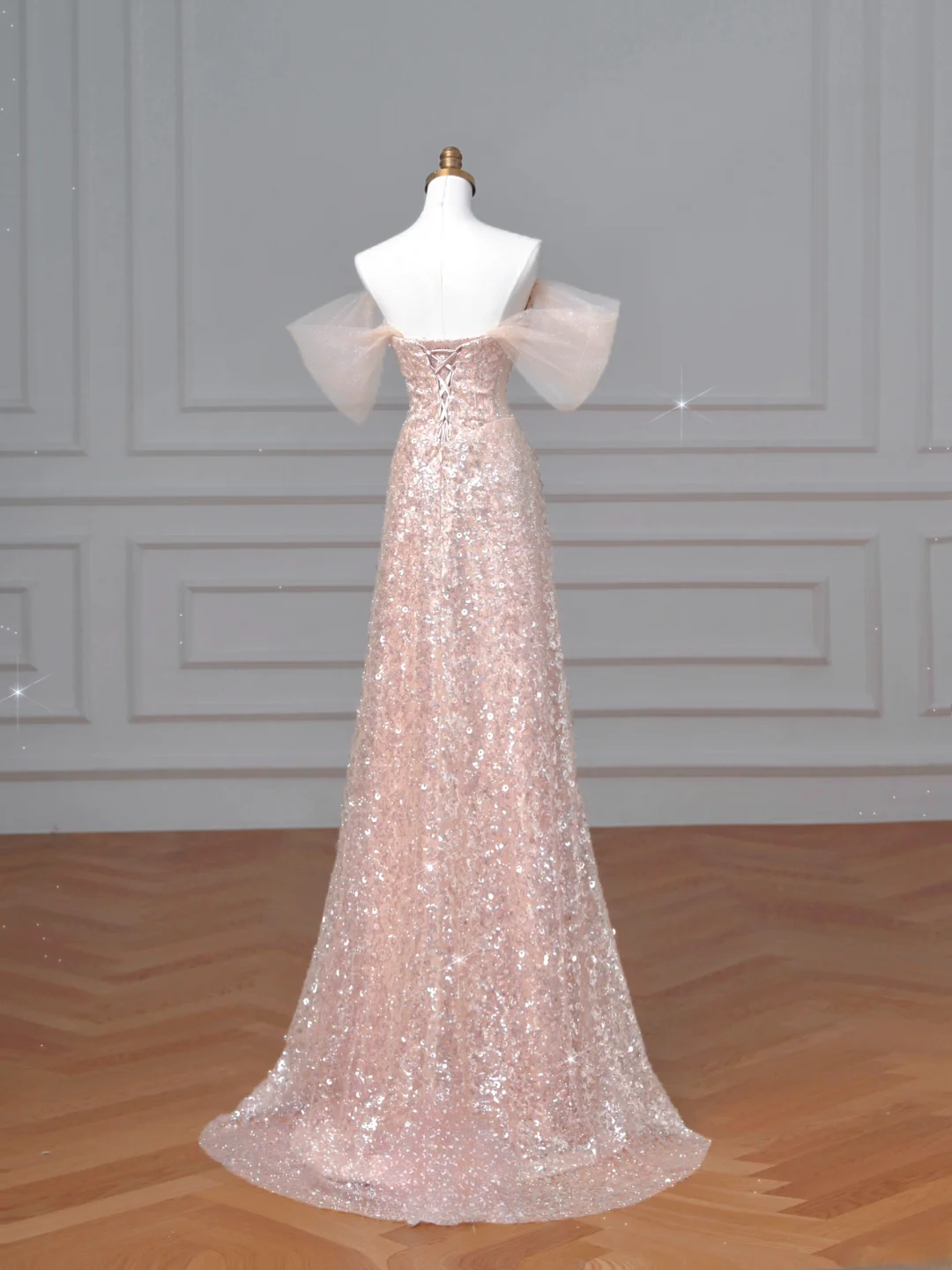Sparkly Mermaid Sweetheart Sequins Blush Pink With Sleeves Long Formal Prom Dresses Night Outfits Party Gowns AQ066