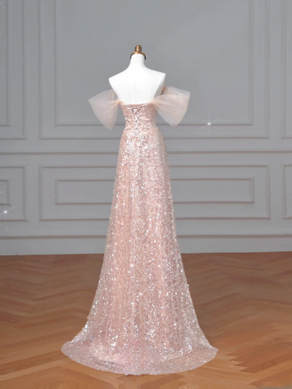 Sparkly Mermaid Sweetheart Sequins Blush Pink With Sleeves Long Formal Prom Dresses Night Outfits Party Gowns AQ066