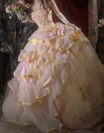Elegant Ball Gown Strapless Yellow With Ruffled Tiered Flowers Long Quince Dress Quinceanera Dresses Formal Birthday Outfits RB8092