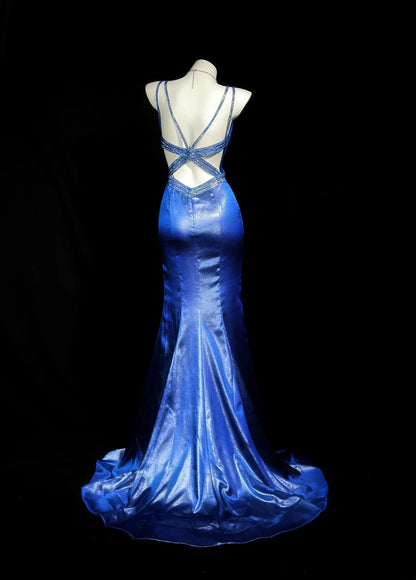 Vintage 90s Prom Dresses Mermaid V Neckline Royal Blue Satin With Long Backless Beading Evening Dress Formal Outfits RB5877